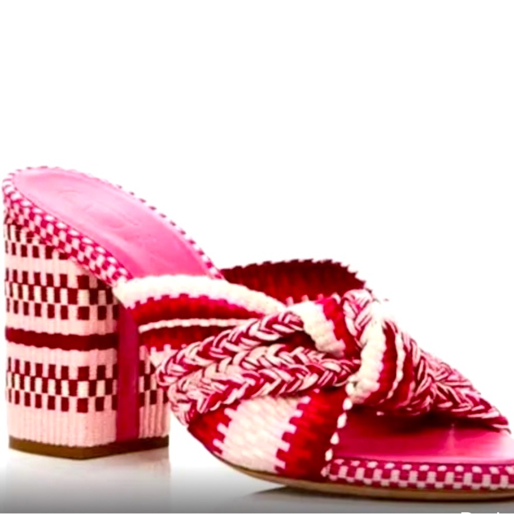 Almost new Antolina Paris pink woven block heeled open-toe sandals. With box.